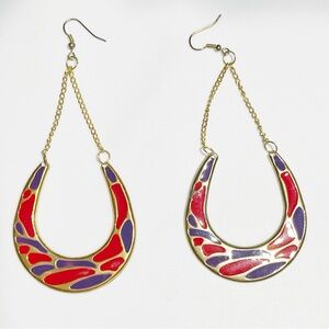 Boho Gold tone earrings with red and blue design